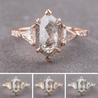 2.71 Carat Salt and Pepper Hexagon Diamond Engagement Ring, Eliza Setting