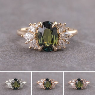 2.53 Carat Teal Oval Sapphire and Diamond Engagement Ring, Monarch Setting, Point No Point Studio. Available in a variety of metal types. Eco-friendly, Recycled Metals, Conflict Free.