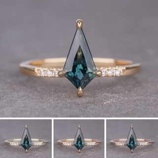 .95 Carat Teal Kite Sapphire and Diamond Engagement Ring, Jules Setting, Point No Point Studio. Available in a variety of metal types. Eco-friendly, Recycled Metals, Conflict Free.