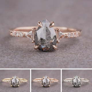 1.16 Carat Salt and Pepper Pear Diamond Engagement Ring, Eliza Setting, Point No Point Studio. Available in a variety of metal types. Eco-friendly, Recycled Metals, Conflict Free.