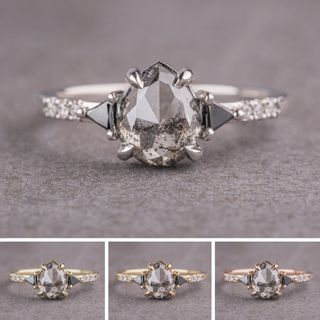 1.89 Carat Salt and Pepper Pear Diamond Engagement Ring, Eliza Setting, Point No Point Studio. Available in a variety of metal types. Eco-friendly, Recycled Metals, Conflict Free.
