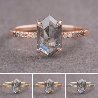 1.29 Carat Black Salt and Pepper Hexagon Diamond Engagement Ring, Ombre Jules Setting, Point No Point Studio. Available in a variety of metal types. Eco-friendly, Recycled Metals, Conflict Free.