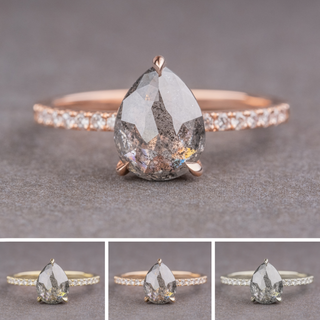 1.74 Carat Salt and Pepper Pear Diamond Engagement Ring, Juliette Setting, Point No Point Studio. Available in a variety of metal types. Eco-friendly, Recycled Metals, Conflict Free.