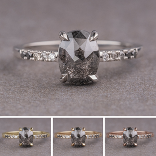 1.73 Carat Black Salt and Pepper Oval Diamond Engagement Ring, Ombre Jules Setting, Point No Point Studio. Available in a variety of metal types. Eco-friendly, Recycled Metals, Conflict Free.