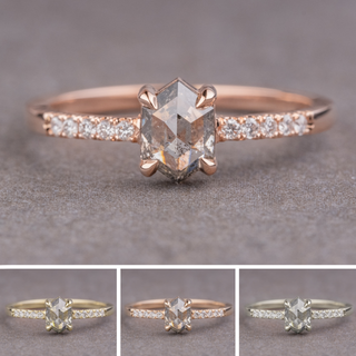 .79 Carat Salt and Pepper Hexagon Diamond Engagement Ring, Jules Setting, Point No Point Studio. Available in a variety of metal types. Eco-friendly, Recycled Metals, Conflict Free.