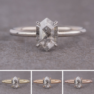 .93 Carat Salt and Pepper Hexagon Diamond Engagement Ring, Jane Setting, Point No Point Studio. Available in a variety of metal types. Eco-friendly, Recycled Metals, Conflict Free.