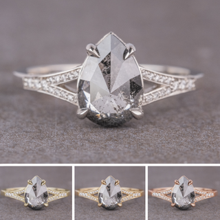 1.18 Carat Salt and Pepper Pear Diamond Engagement Ring, River Setting, Point No Point Studio. Available in a variety of metal types. Eco-friendly, Recycled Metals, Conflict Free.