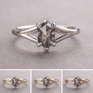 1.29 Carat Black Salt and Pepper Hexagon Diamond Engagement Ring, Charlize Setting, Point No Point Studio. Available in a variety of metal types. Eco-friendly, Recycled Metals, Conflict Free.