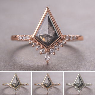 1.07 Carat Black Salt and Pepper Kite Diamond Engagement Ring, Bezel Avaline Setting, Point No Point Studio. Available in a variety of metal types. Eco-friendly, Recycled Metals, Conflict Free.