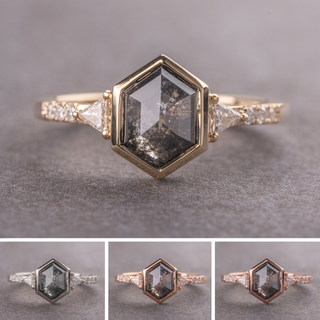 1.51 Carat Black Speckled Hexagon Diamond Engagement Ring, Bezel Eliza Setting