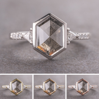 1.51 Carat Black Salt and Pepper Hexagon Diamond Engagement Ring, Bezel Eliza Setting, Point No Point Studio. Available in a variety of metal types. Eco-friendly, Recycled Metals, Conflict Free.