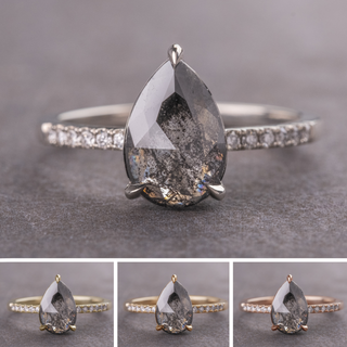 2.07 Carat Black Salt and Pepper Pear Diamond Engagement Ring, Juliette Setting, Point No Point Studio. Available in a variety of metal types. Eco-friendly, Recycled Metals, Conflict Free.
