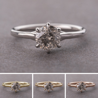 1.38 Carat Salt and Pepper Round Diamond Engagement Ring, Madeline Setting, Point No Point Studio. Available in a variety of metal types. Eco-friendly, Recycled Metals, Conflict Free.