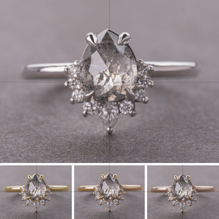 1.95 Carat Salt and Pepper Pear Diamond Engagement Ring, Ava Setting, Point No Point Studio. Available in a variety of metal types. Eco-friendly, Recycled Metals, Conflict Free.