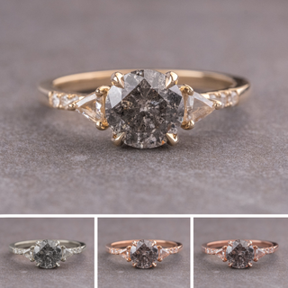 1.77 Carat Salt and Pepper Round Diamond Engagement Ring, Eliza Setting, Point No Point Studio. Available in a variety of metal types. Eco-friendly, Recycled Metals, Conflict Free.
