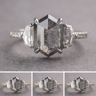 4.38 Carat Black Salt and Pepper Hexagon Diamond Engagement Ring, Eliza Setting, Point No Point Studio. Available in a variety of metal types. Eco-friendly, Recycled Metals, Conflict Free.