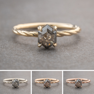 .93 Carat Salt and Pepper Hexagon Diamond Engagement Ring, Tulip Basket Setting, Point No Point Studio. Available in a variety of metal types. Eco-friendly, Recycled Metals, Conflict Free.