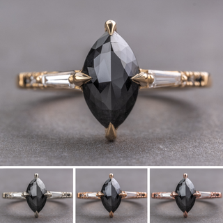 1.77 Carat Black Marquise Diamond Engagement Ring, Ombre Liza Setting, Point No Point Studio. Available in a variety of metal types. Eco-friendly, Recycled Metals, Conflict Free.