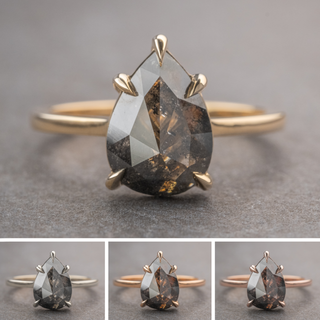 2.57 Carat Black Salt and Pepper Pear Diamond Engagement Ring, Lenora Setting, Point No Point Studio. Available in a variety of metal types. Eco-friendly, Recycled Metals, Conflict Free.