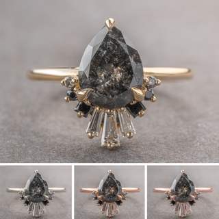 2.61 Carat Black Salt and Pepper Pear Diamond Engagement Ring, Ombre Wren Setting, Point No Point Studio. Available in a variety of metal types. Eco-friendly, Recycled Metals, Conflict Free.