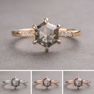 1.14 Carat Salt and Pepper Hexagon Diamond Engagement Ring, Jules Setting, Point No Point Studio. Available in a variety of metal types. Eco-friendly, Recycled Metals, Conflict Free.