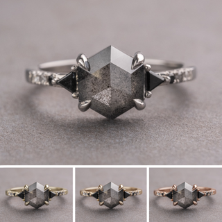 1.68 Carat Salt and Pepper Hexagon Diamond Engagement Ring, Ombre Eliza Setting, Point No Point Studio. Available in a variety of metal types. Eco-friendly, Recycled Metals, Conflict Free.