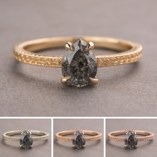 1.09 Carat Salt and Pepper Pear Diamond Engagement Ring, Engraved Basket Jane Setting, Point No Point Studio. Available in a variety of metal types. Eco-friendly, Recycled Metals, Conflict Free.