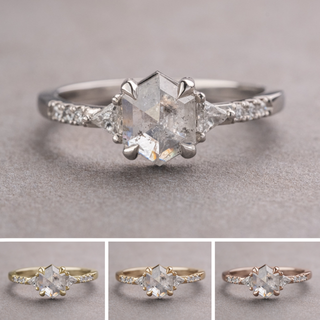 1.30 Carat Icy White Hexagon Diamond Engagement Ring, Eliza Setting, Point No Point Studio. Available in a variety of metal types. Eco-friendly, Recycled Metals, Conflict Free.