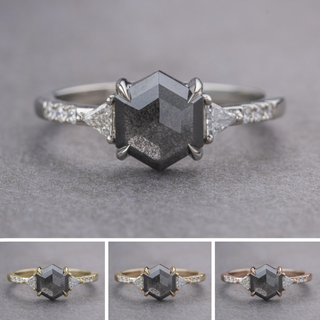 1.65 Carat Black Hexagon Diamond Engagement Ring, Eliza Setting, Point No Point Studio. Available in a variety of metal types. Eco-friendly, Recycled Metals, Conflict Free.