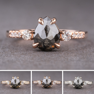 1.37 Carat Black Pear Diamond Engagement Ring, Eliza Setting, Point No Point Studio. Available in a variety of metal types. Eco-friendly, Recycled Metals, Conflict Free.