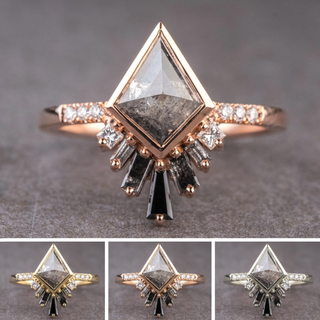 1.60 Carat Salt and Pepper Kite Diamond Engagement Ring, Bezel Ombre Wren Setting
