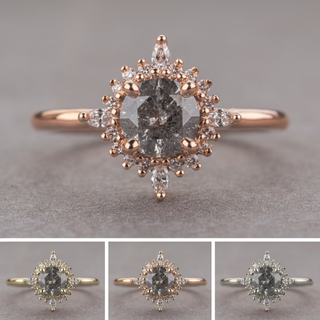 1.21 Carat Salt and Pepper Round Diamond Engagement Ring, Cosette Setting, Point No Point Studio. Available in a variety of metal types. Eco-friendly, Recycled Metals, Conflict Free.