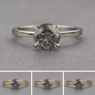 1.29 Carat Salt and Pepper Round Diamond Engagement Ring, Tulip Jane Setting, Point No Point Studio. Available in a variety of metal types. Eco-friendly, Recycled Metals, Conflict Free.