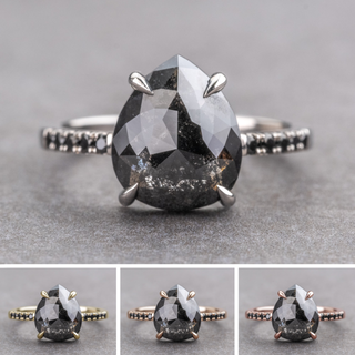 2.91 Carat Black Pear Diamond Engagement Ring, Black Diamond Jules Setting, Point No Point Studio. Available in a variety of metal types. Eco-friendly, Recycled Metals, Conflict Free.