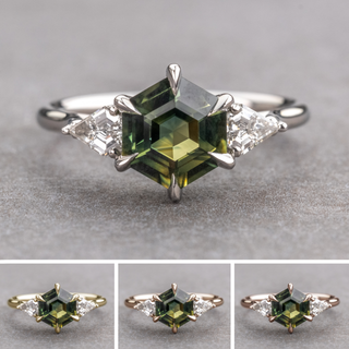 2.63 Carat Green Hexagon Sapphire and Diamond Engagement Ring, Lea Setting