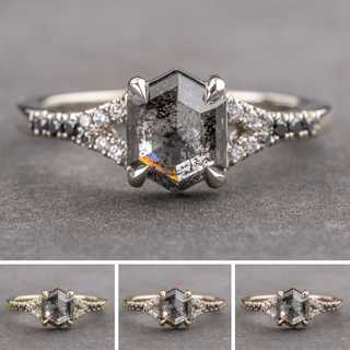 1.63 Carat Black Salt and Pepper Hexagon Diamond Engagement Ring, Ombre Evie Setting, Point No Point Studio. Available in a variety of metal types. Eco-friendly, Recycled Metals, Conflict Free.