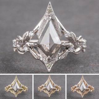 2.85 Carat Salt and Pepper Kite Diamond and Peridot Engagement Ring, Thistle Setting