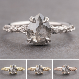 1.81 Carat Salt and Pepper Pear Diamond Engagement Ring, Pixie Setting, Point No Point Studio. Available in a variety of metal types. Eco-friendly, Recycled Metals, Conflict Free.