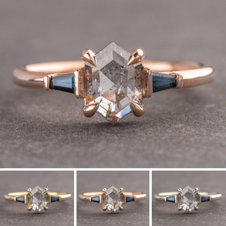 1.64 Carat Icy Salt and Pepper Hexagon Diamond Engagement Ring, Zoe Setting, Point No Point Studio. Available in a variety of metal types. Eco-friendly, Recycled Metals, Conflict Free.