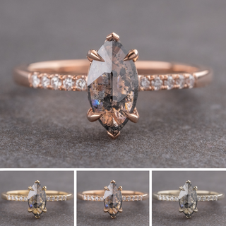 1.24 Carat Salt and Pepper Marquise Diamond Engagement Ring, Juliette Setting, Point No Point Studio. Available in a variety of metal types. Eco-friendly, Recycled Metals, Conflict Free.