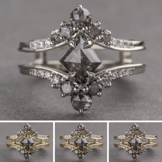 1.83 Carat Black Salt and Pepper Lozenge Diamond Engagement Ring, Empress Setting, Point No Point Studio. Available in a variety of metal types. Eco-friendly, Recycled Metals, Conflict Free.
