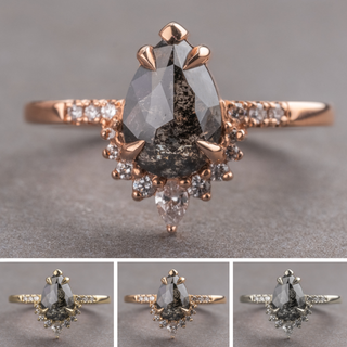 2.56 Carat Black Salt and Pepper Pear Diamond Engagement Ring, Avaline Setting, Point No Point Studio. Available in a variety of metal types. Eco-friendly, Recycled Metals, Conflict Free.