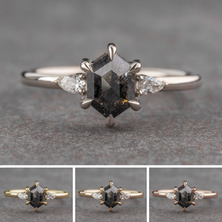 1.25 Carat Black Salt and Pepper Hexagon Diamond Engagement Ring, Zoe Setting, Point No Point Studio. Available in a variety of metal types. Eco-friendly, Recycled Metals, Conflict Free.
