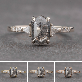 1.82 Carat Black Salt and Pepper Hexagon Diamond Engagement Ring, Eliza Setting, Point No Point Studio. Available in a variety of metal types. Eco-friendly, Recycled Metals, Conflict Free.