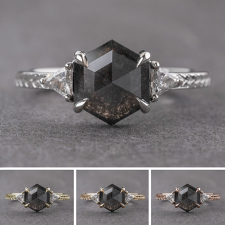 2.03 Carat Black Hexagon Diamond Engagement Ring, Engraved Zoe Setting, Point No Point Studio. Available in a variety of metal types. Eco-friendly, Recycled Metals, Conflict Free.