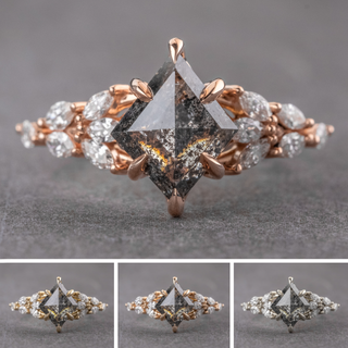 1.62 Carat Black Salt and Pepper Lozenge Diamond Engagement Ring, Winnie Setting, Point No Point Studio. Available in a variety of metal types. Eco-friendly, Recycled Metals, Conflict Free.