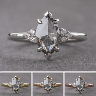 .98 Carat Salt and Pepper Marquise Diamond Engagement Ring, Quinn Setting, Point No Point Studio. Available in a variety of metal types. Eco-friendly, Recycled Metals, Conflict Free.
