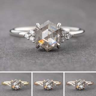 1.46 Carat Canadian Icy White Hexagon Diamond Engagement Ring, Quinn Setting, Point No Point Studio. Available in a variety of metal types. Eco-friendly, Recycled Metals, Conflict Free.