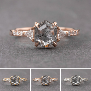 1.54 Carat Salt and Pepper Hexagon Diamond Engagement Ring, Eliza Setting, Point No Point Studio. Available in a variety of metal types. Eco-friendly, Recycled Metals, Conflict Free.