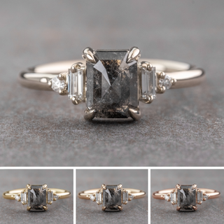 1.41 Carat Black Salt and Pepper Emerald Shaped Diamond Engagement Ring, Betty Setting, Point No Point Studio. Available in a variety of metal types. Eco-friendly, Recycled Metals, Conflict Free.